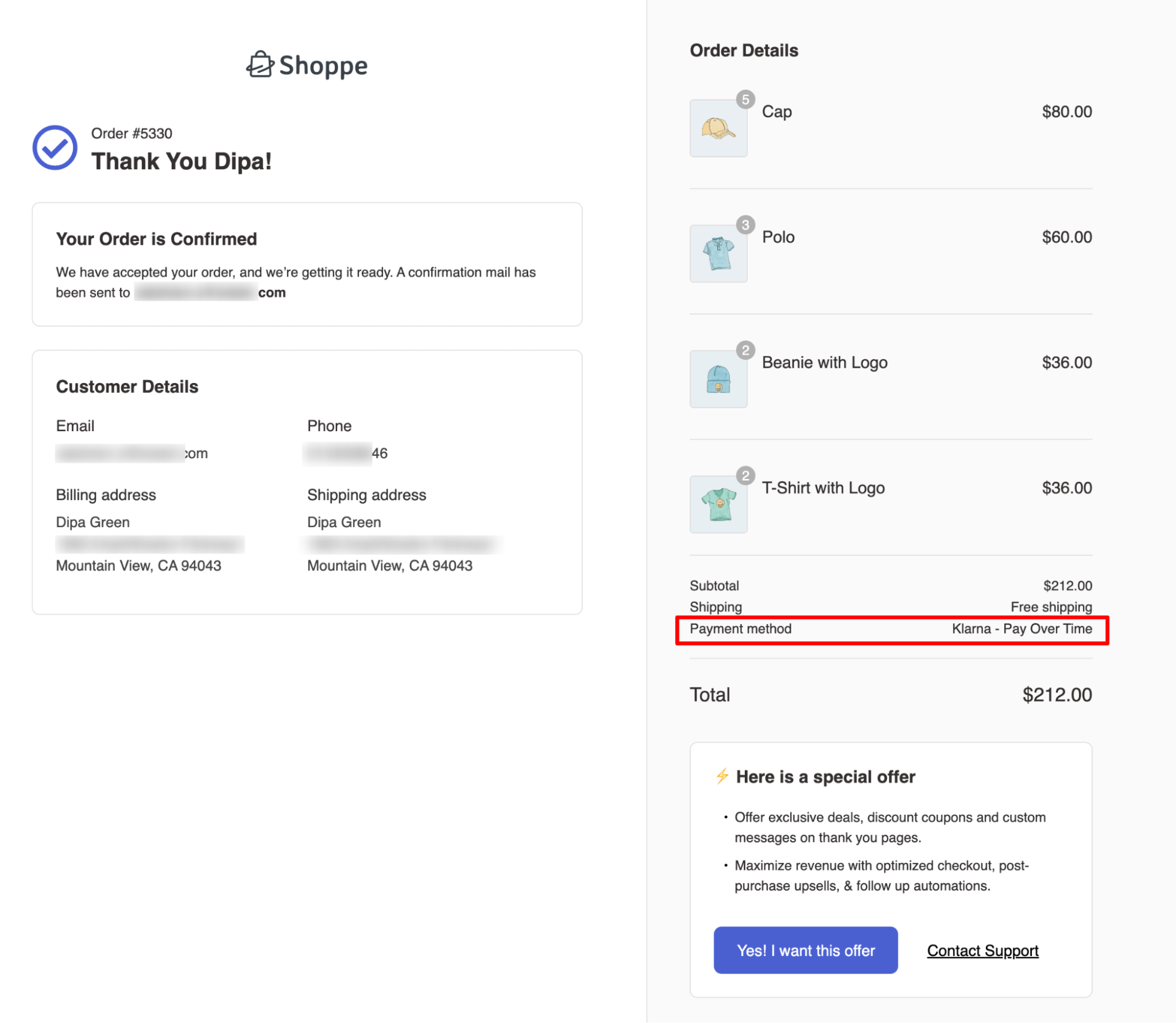 Thank you page after payment with BNPL payment method Klarna