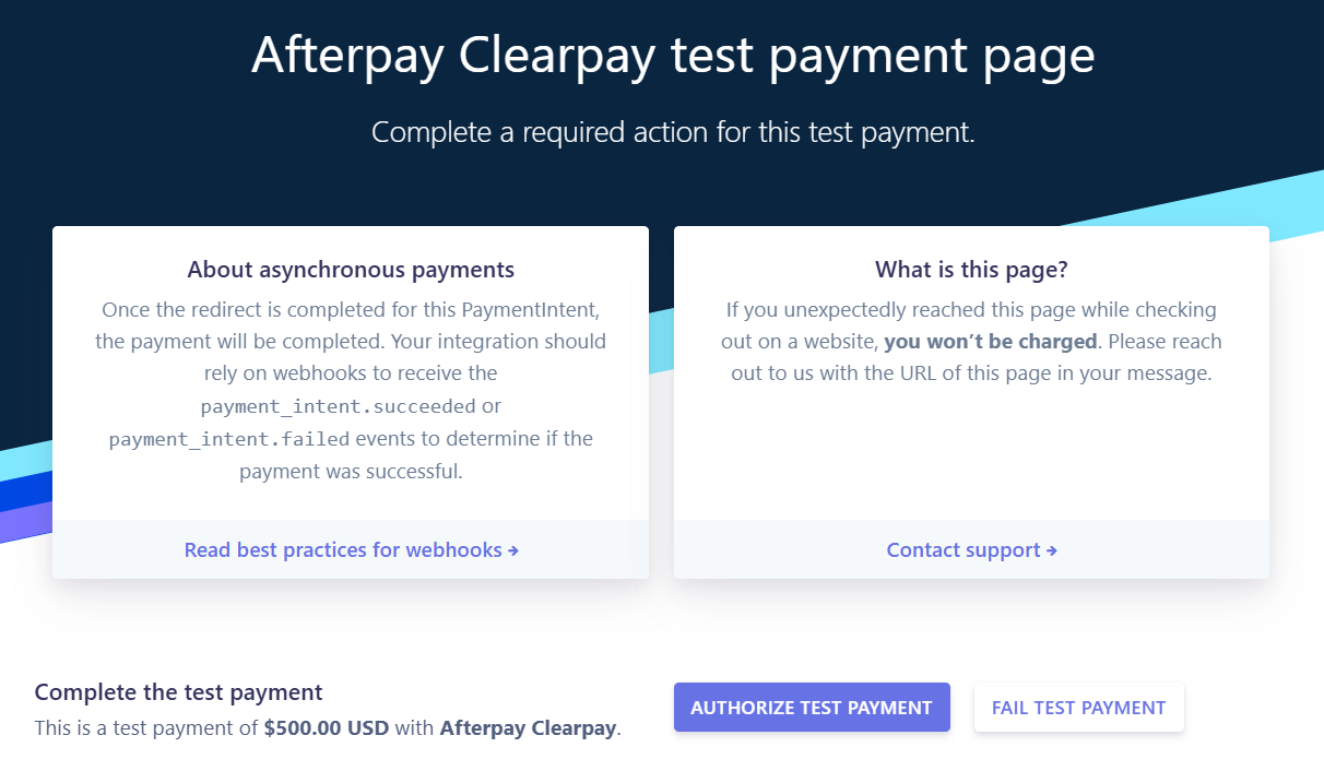 authorize the afterpay test payment