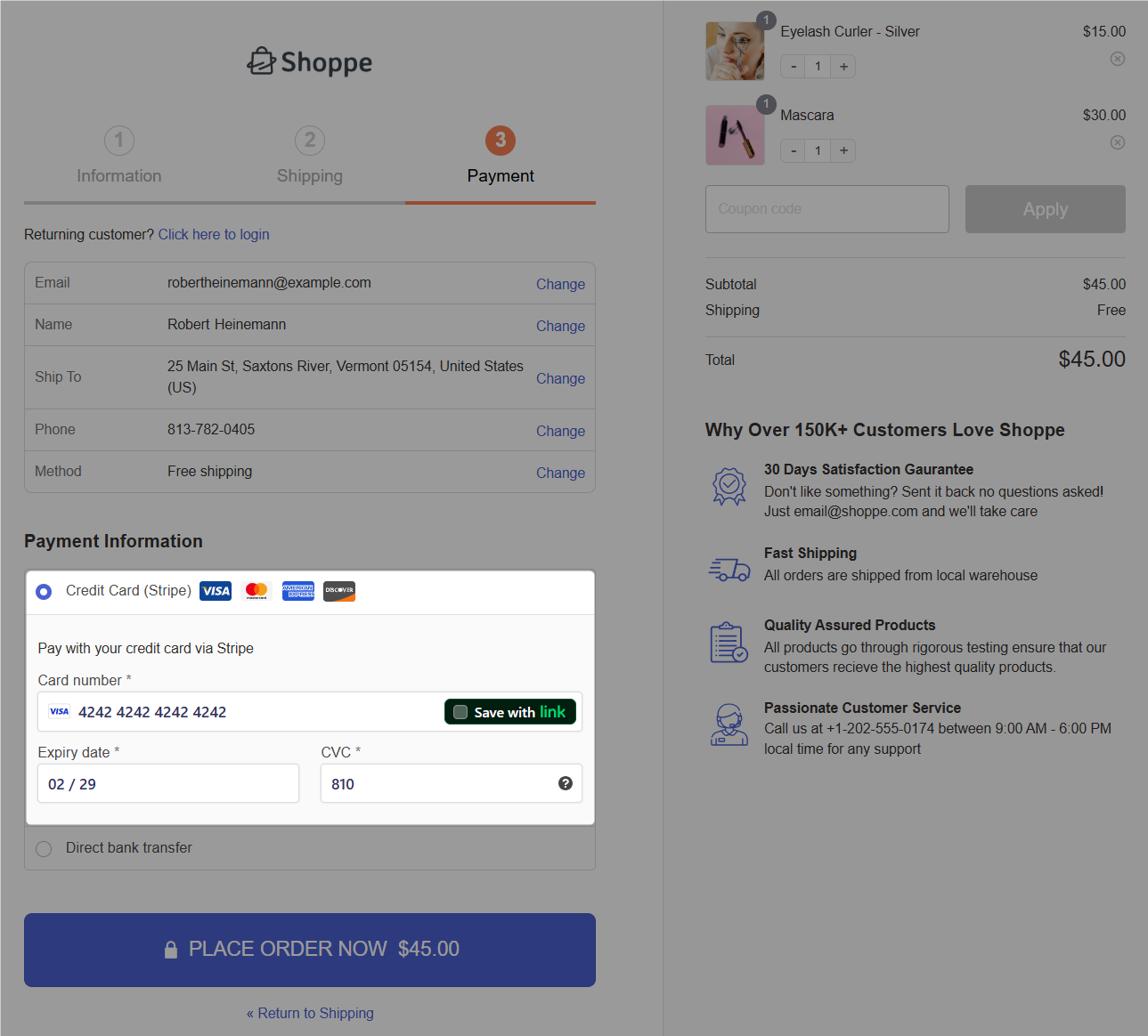 Preview of the checkout page with credit card (stripe) payment method