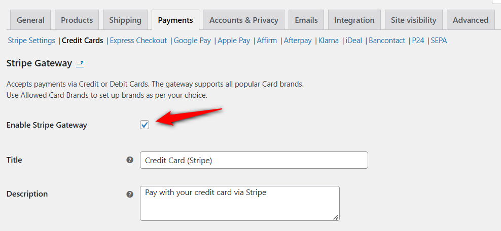 Enable stripe gateway credit cards