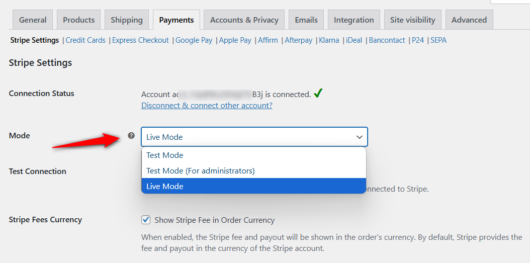 enable live mode to accept real transactions in your woocommerce store