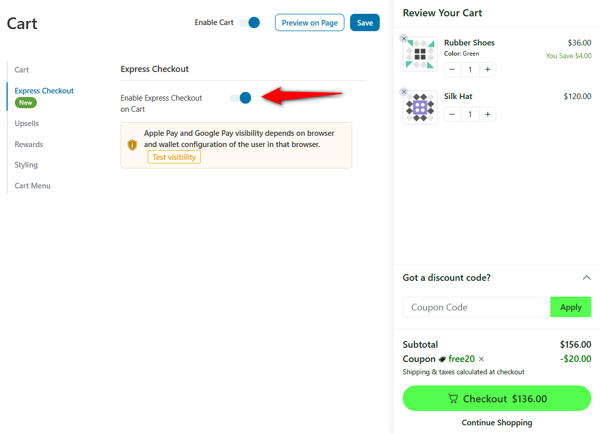 enable express checkout on woocommerce side cart by funnelkit