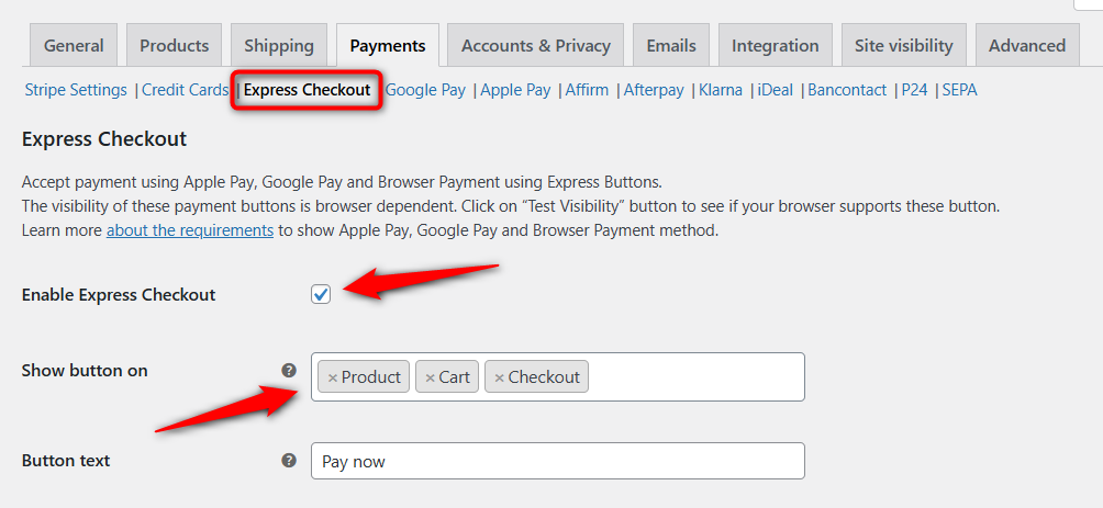 Enable express checkout and show button on different pages