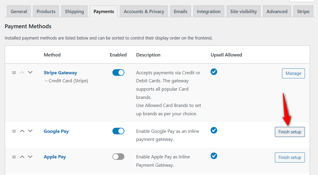 Turn on the toggle of Google Pay and click finish setup