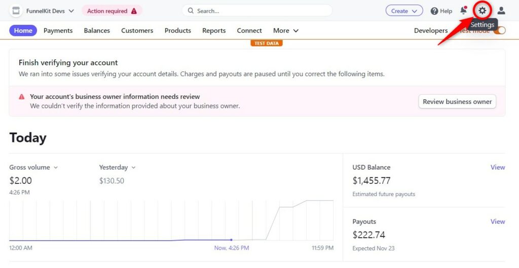 click on settings from your stripe account