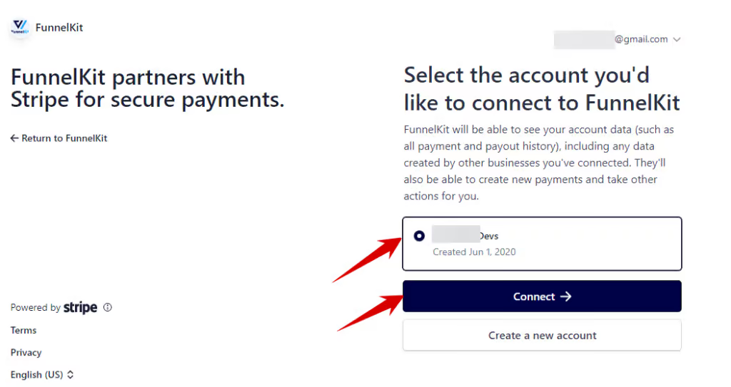 Choose your stripe account and click connect