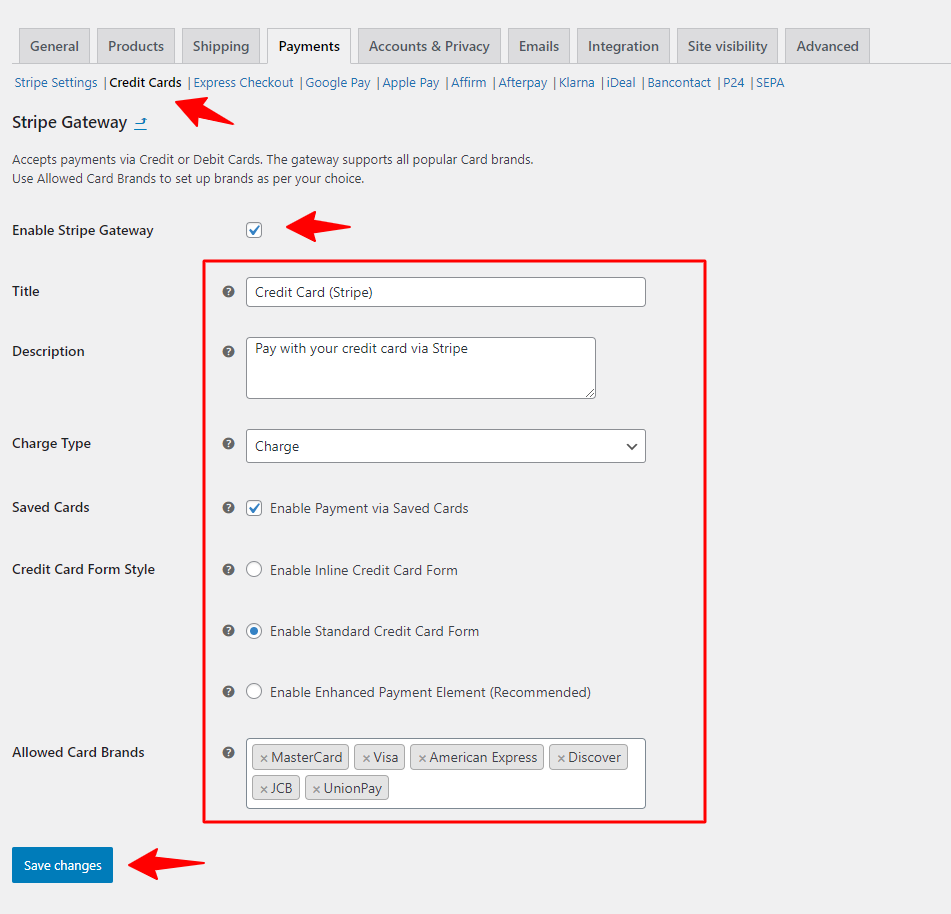 Enable woocommerce stripe gateway 