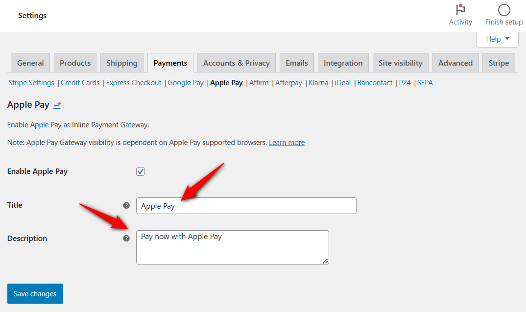 Enter the title and description of the apple pay payment gateway