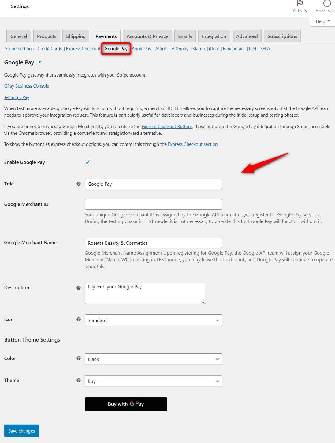 Configure google pay payment settings