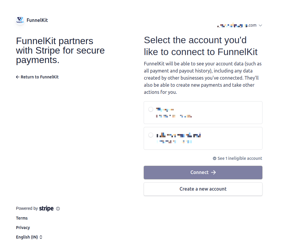 Select your stripe account and hit connect
