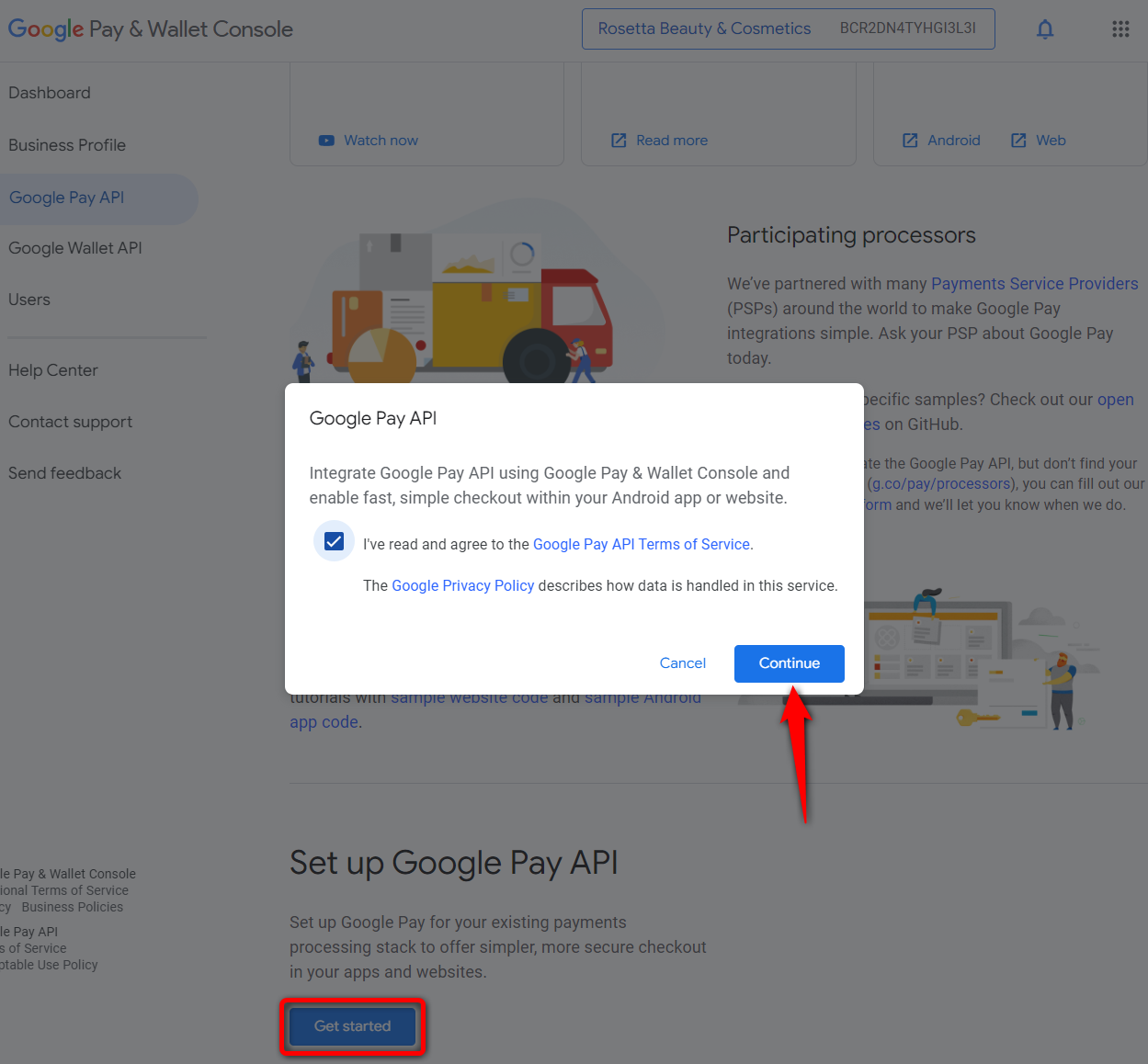 click get started under set up google pay api