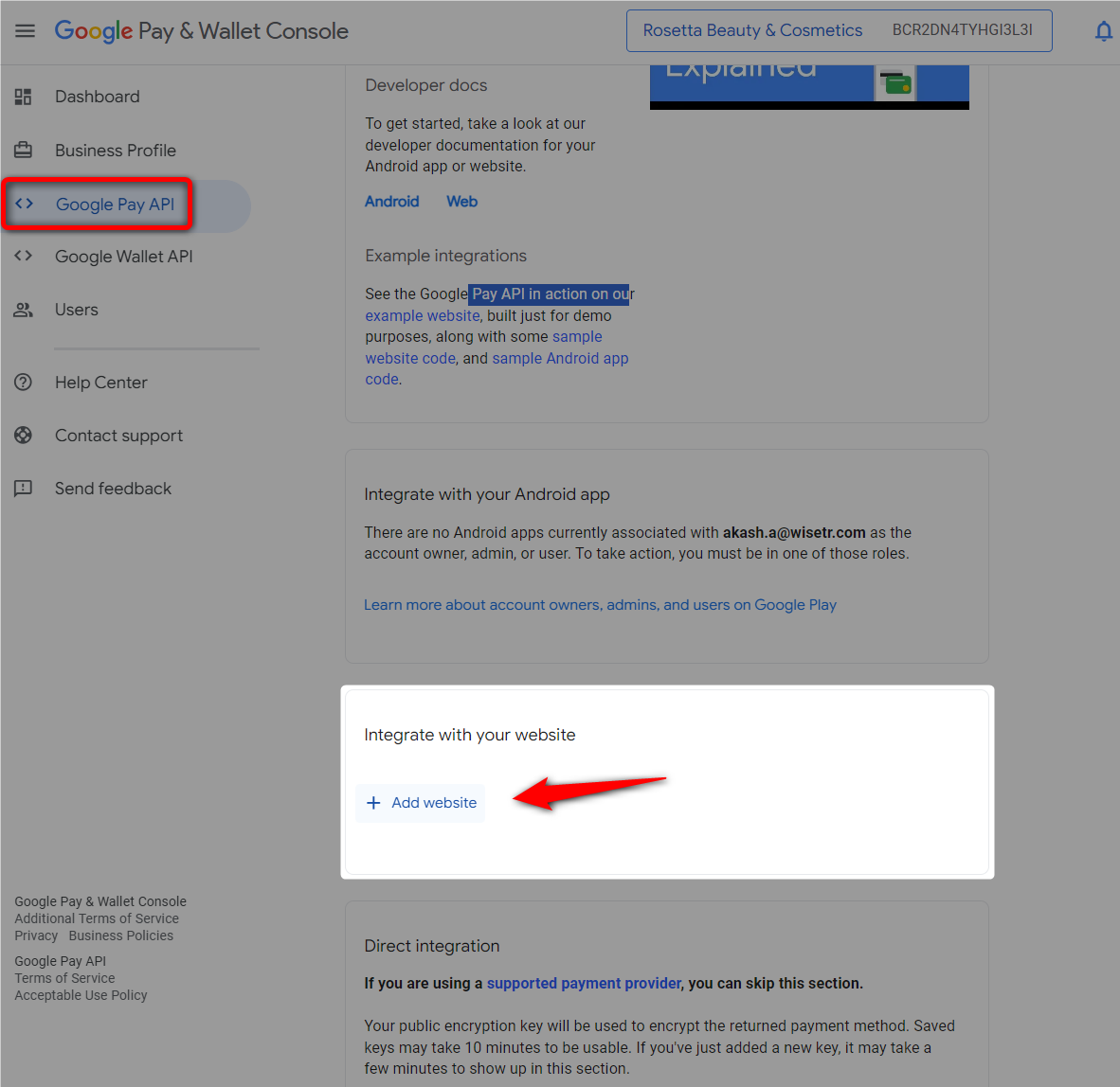 Add website under google pay api