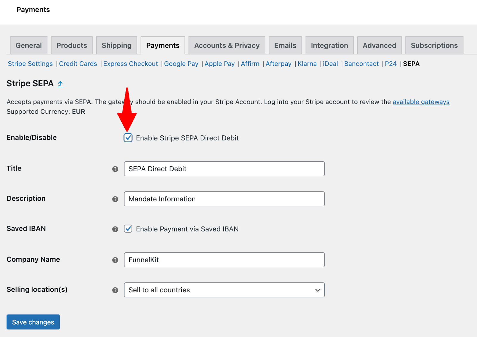 Enable stripe sepa direct debit inside funnelkit pay