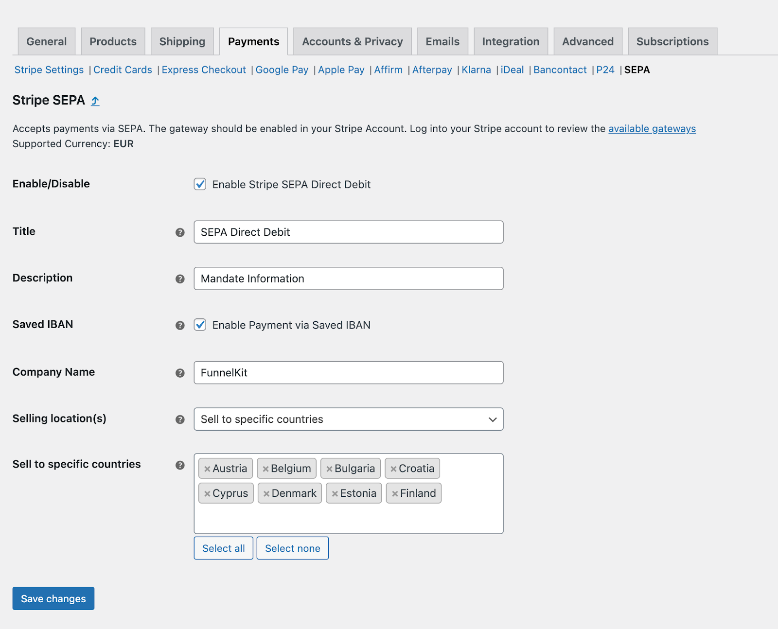 Configure the SEPA payment settings