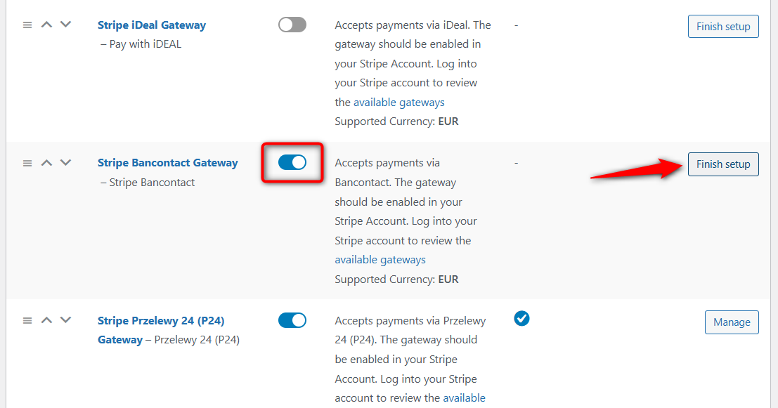 Enable Stripe bancontact gateway and click finish setup