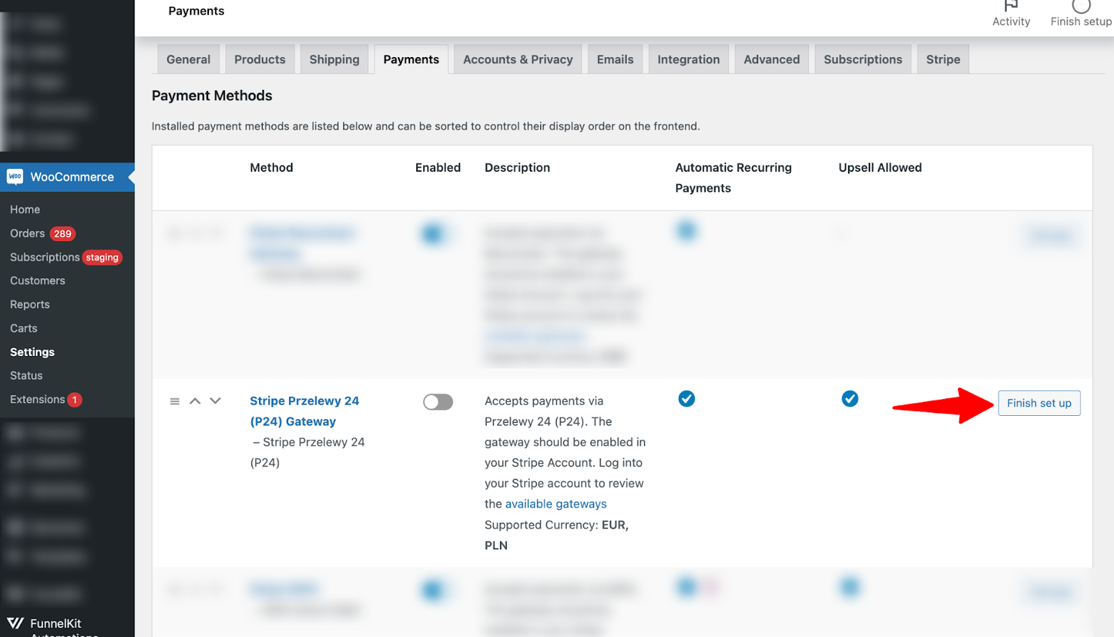 enable Stripe przelewy24 and click finish setup