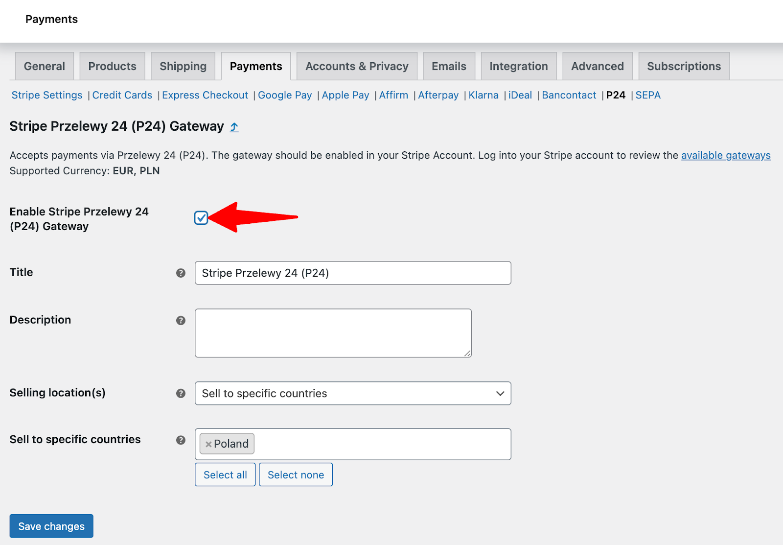 enable stripe przelewy24 gateway