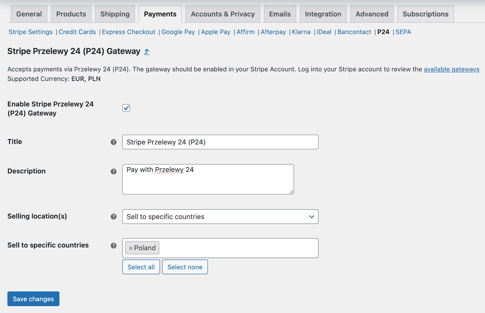 Configure the P24 payment option