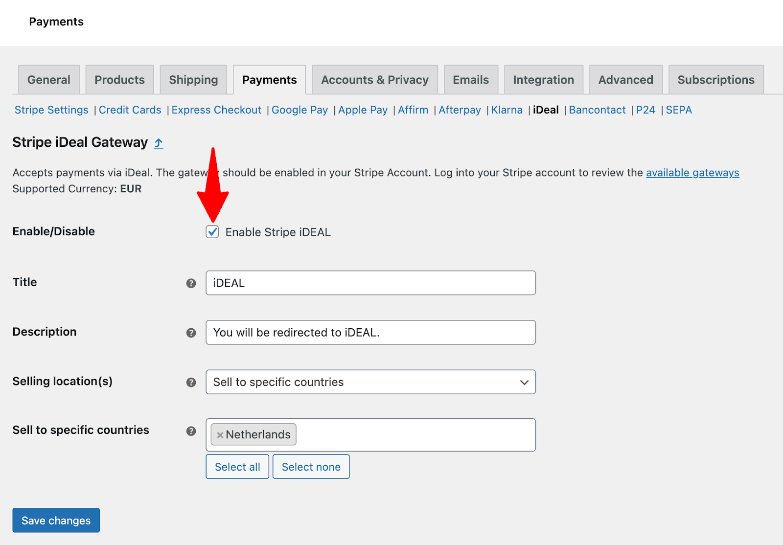 enable stripe ideal payment gateway