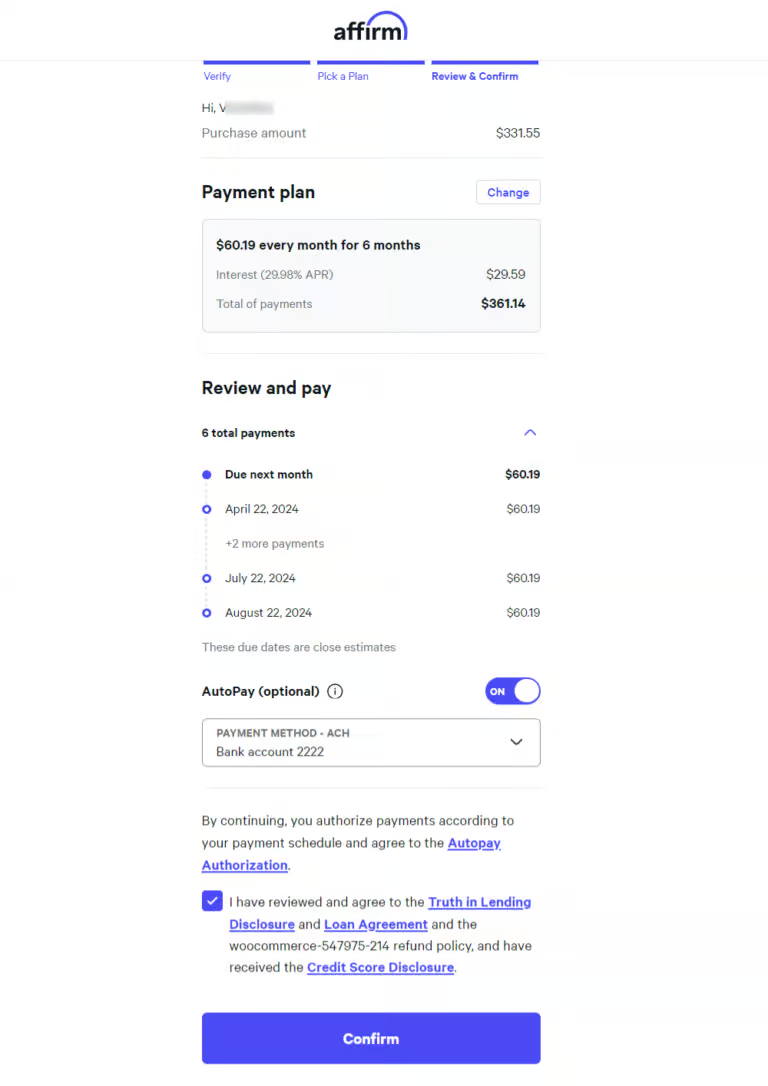 Review and confirm the affirm payment plan