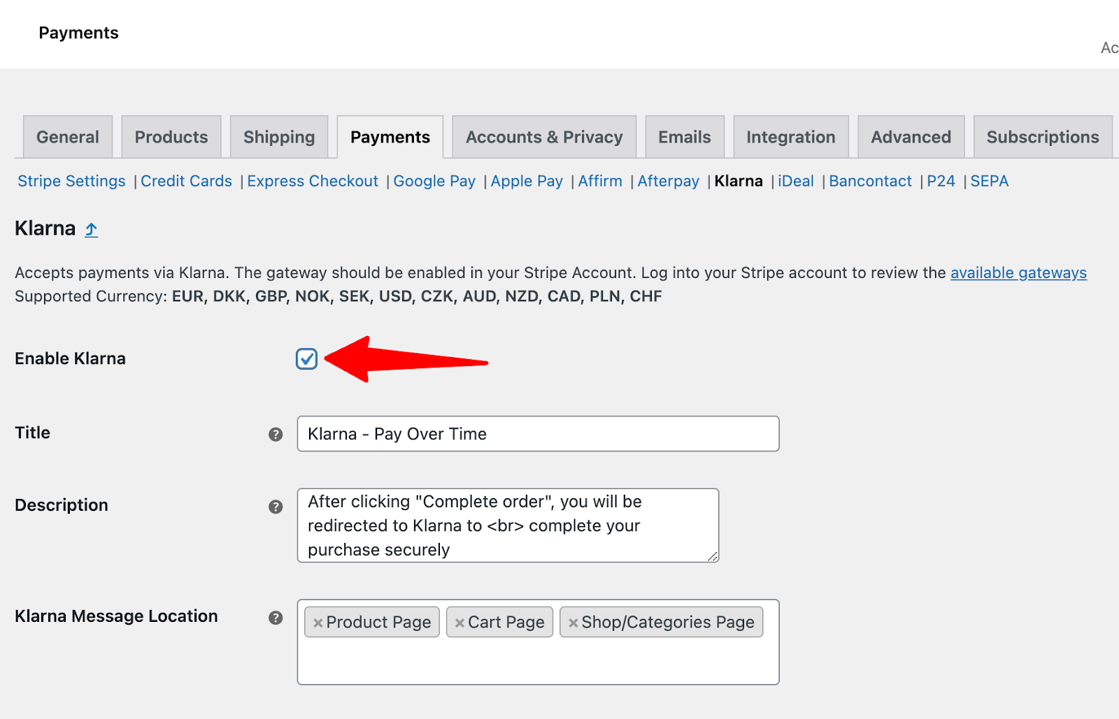 Enable klarna payment method