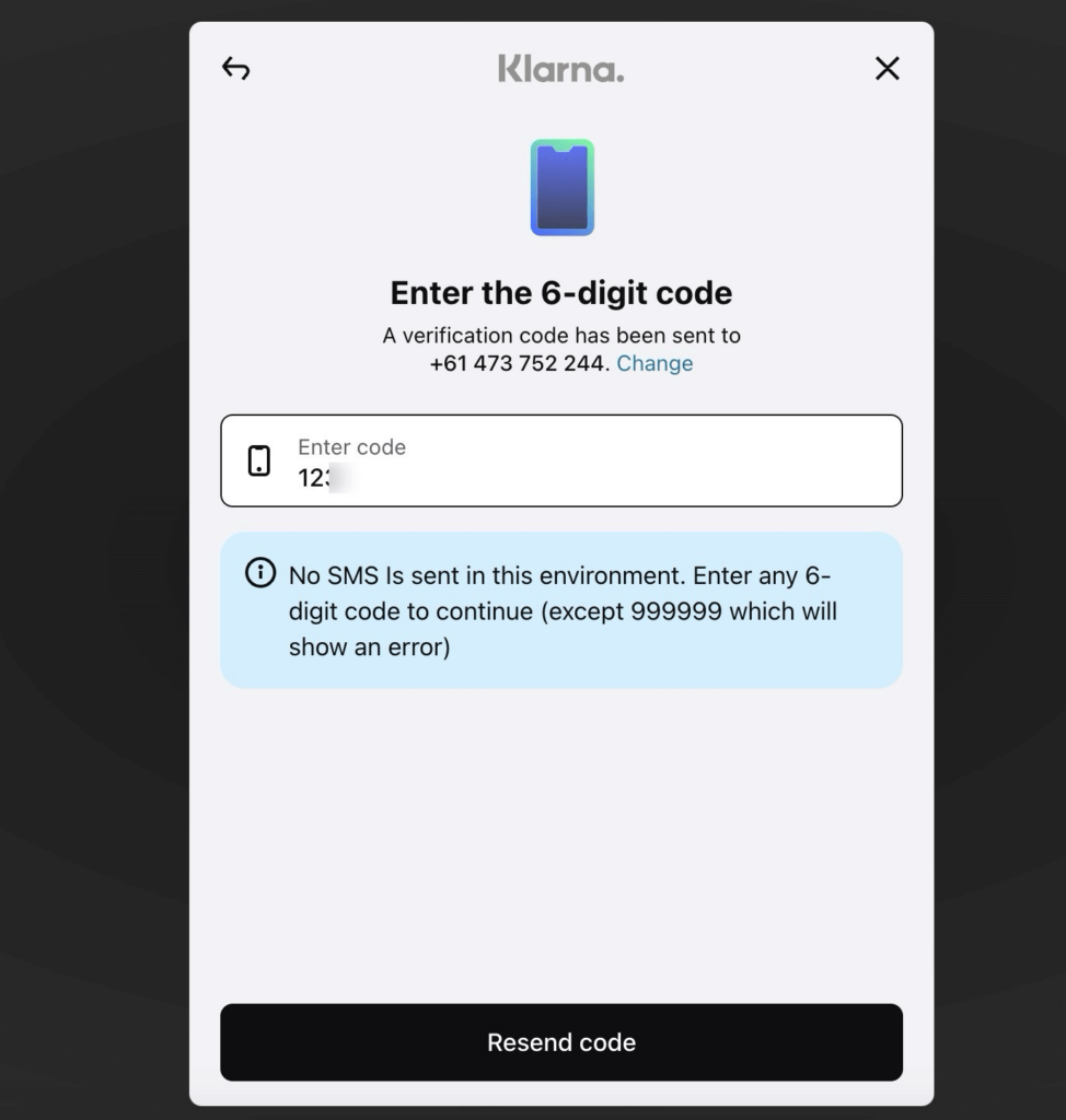 enter 6 digit code klarna