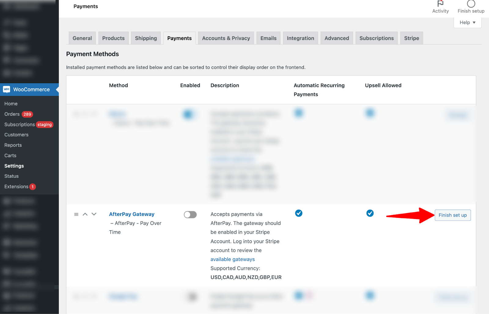 Finish setup for afterpay gateway