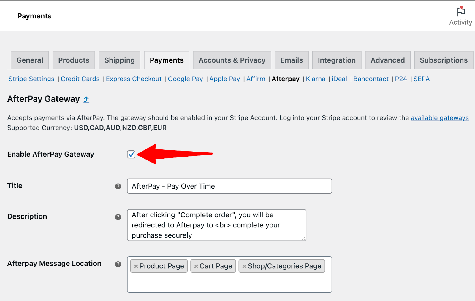 Enable afterpay gateway