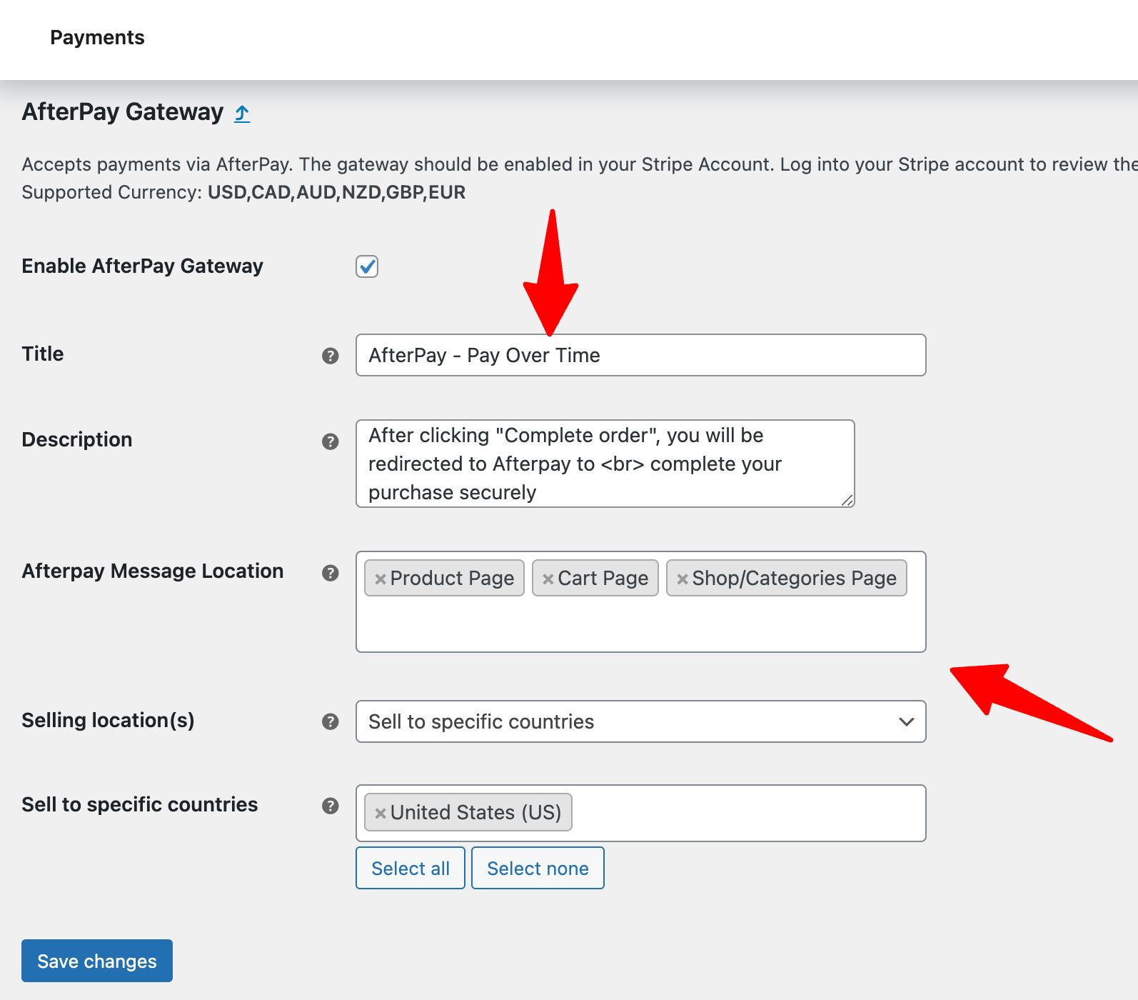 configure the afterpay payment gateway options