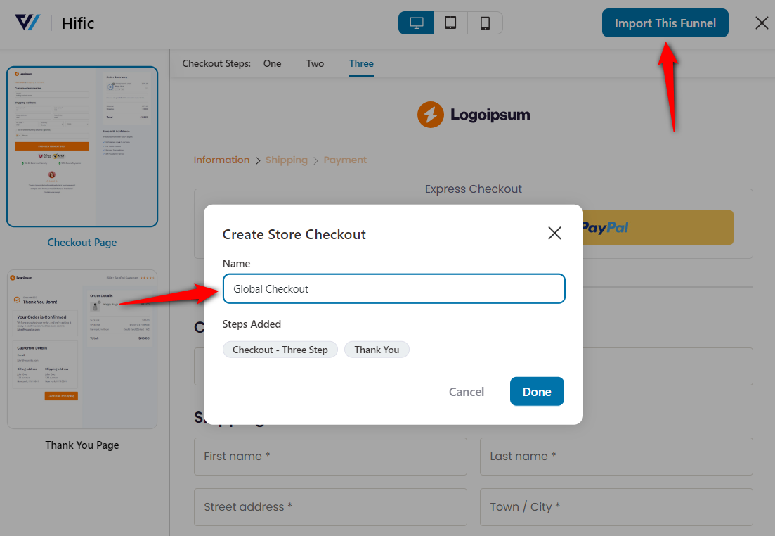 Import this funnel and add the name of your store checkout