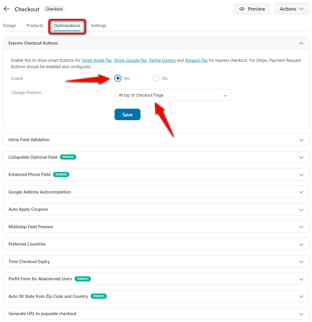 Under optimizations tab, enable express checkout buttons on the woocommerce checkout page