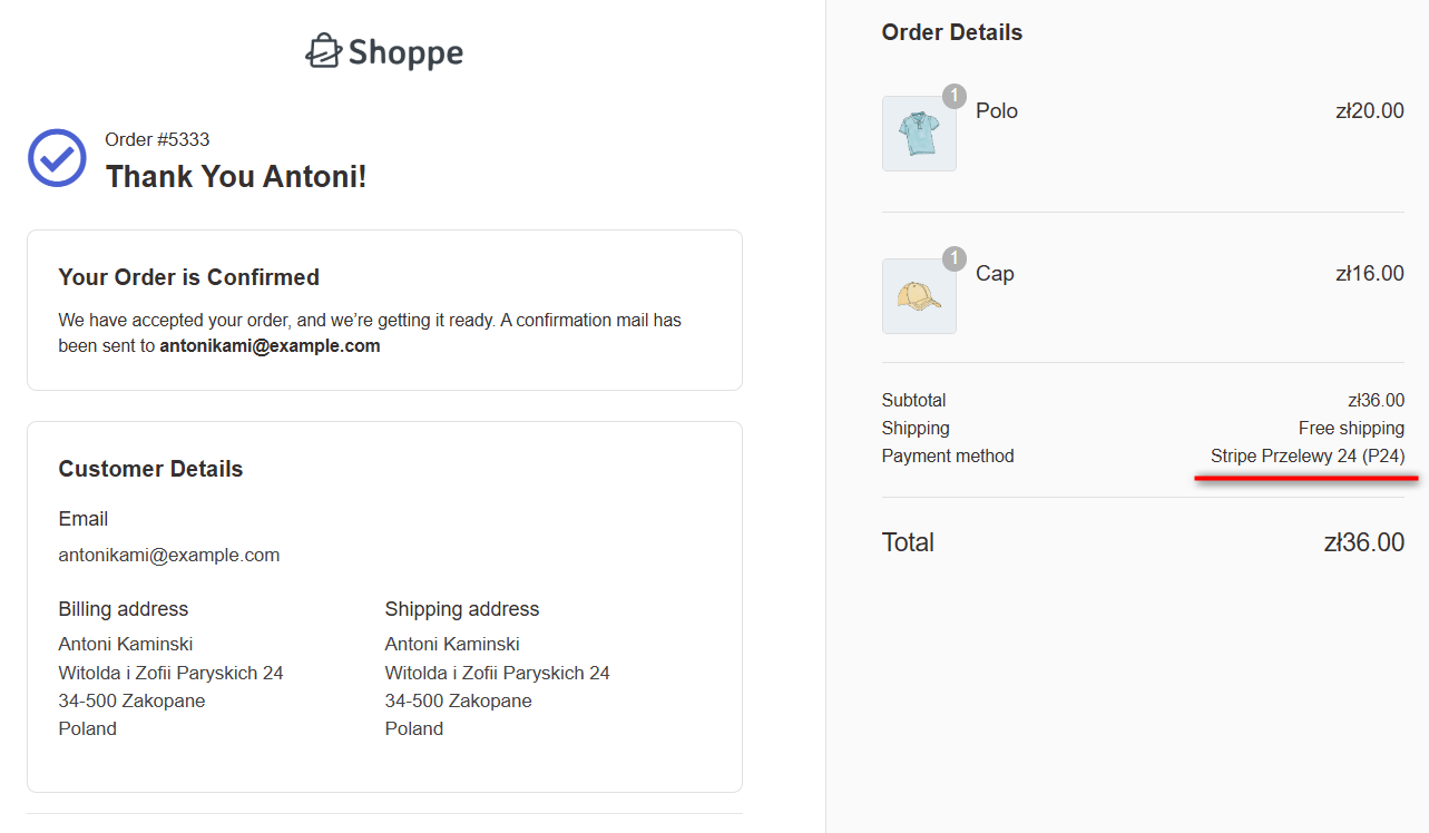 thank you page with WooCommerce P24, also known as Przelewy24