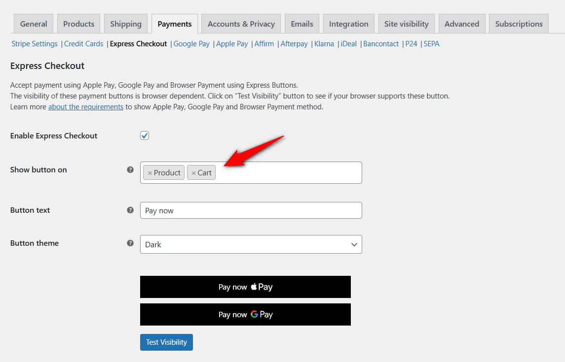 show express checkout button on cart page setting