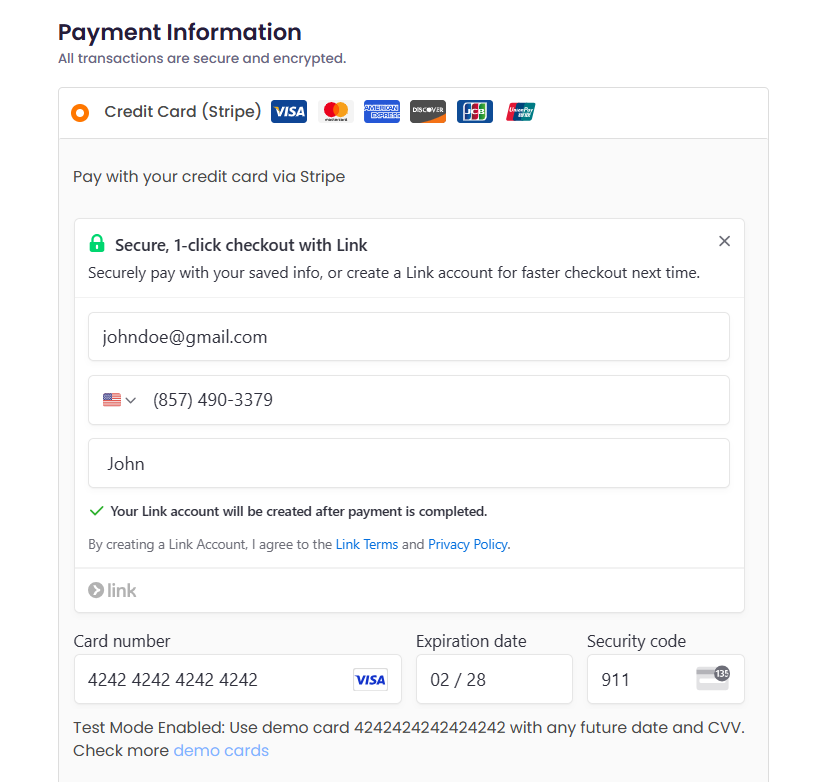 stripe link authentication on card field