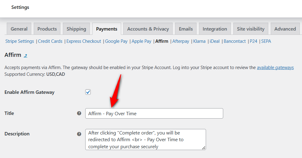 Enter title and description of the affirm payment gateway