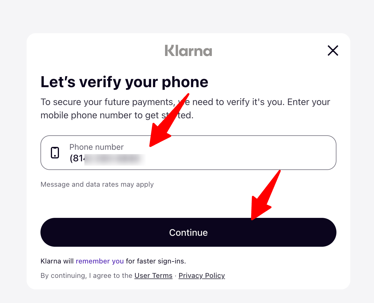 verify phone number klarna