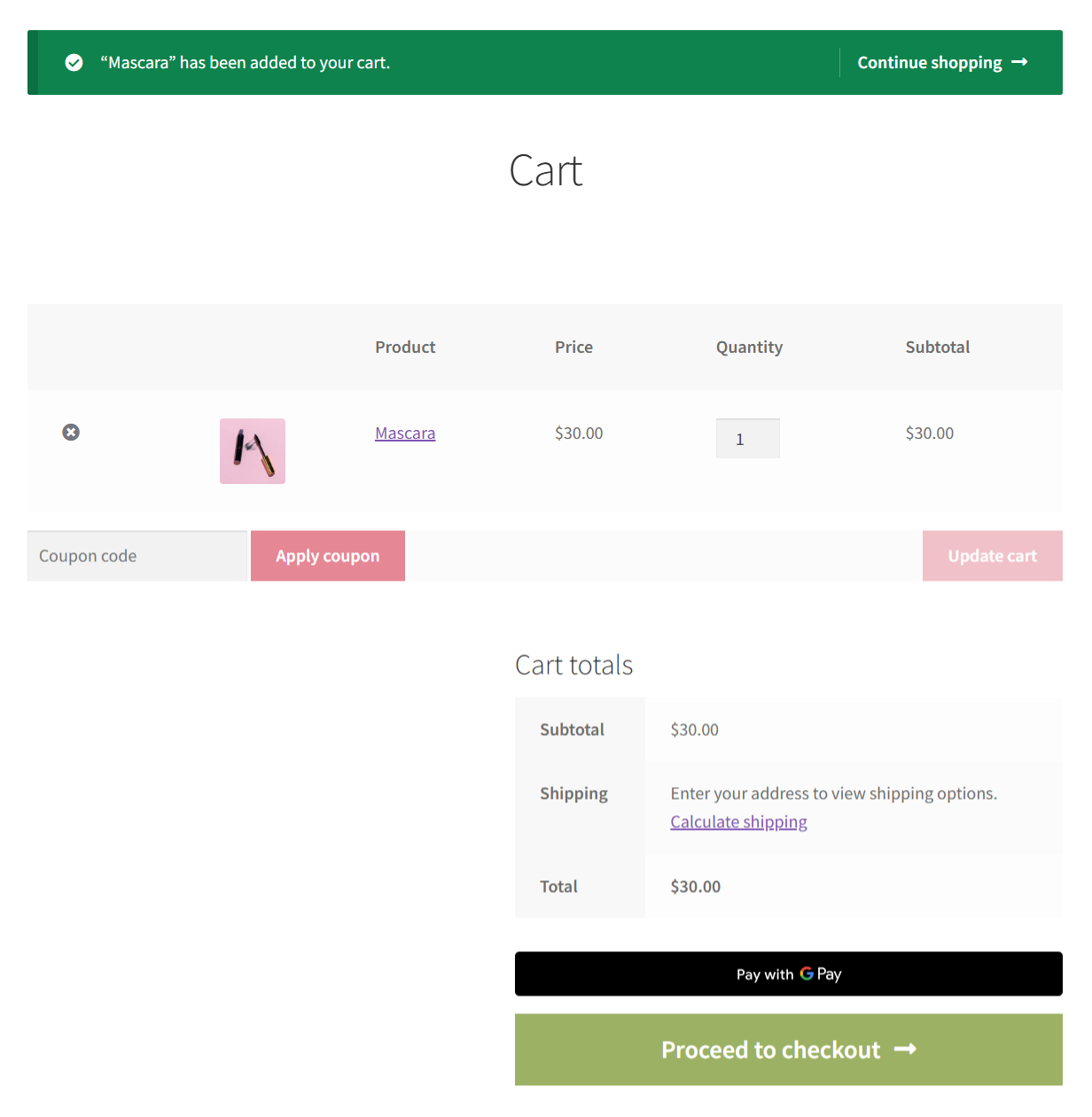 preview of express checkout payment buttons on the woocommerce cart page