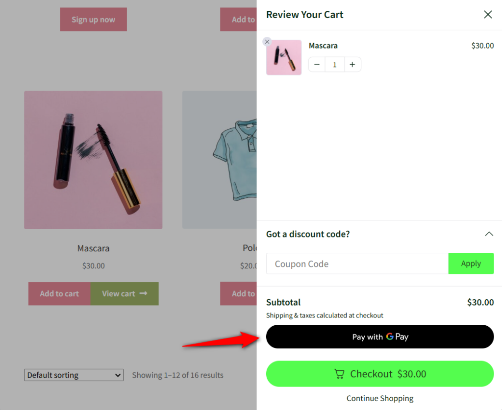 woocommerce express checkout button on the shopping cart