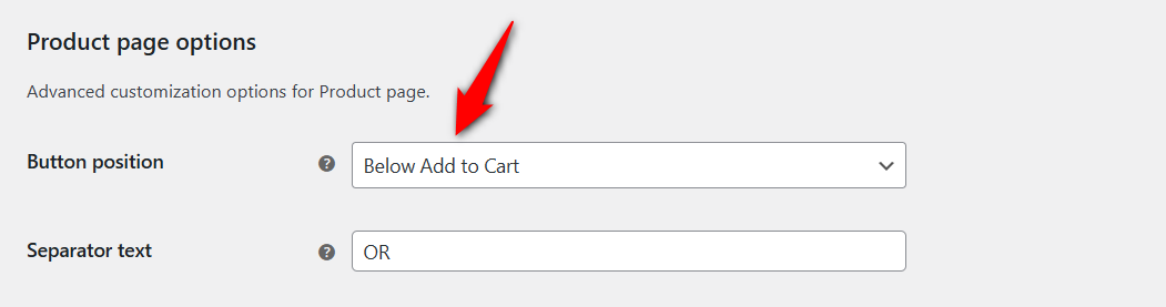 Configure product page options - button position and separator text